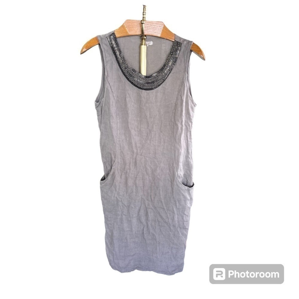 LINA TOMEI ~ Grey Linen Dress With Metallic Neckline Beading and Cotton Panels